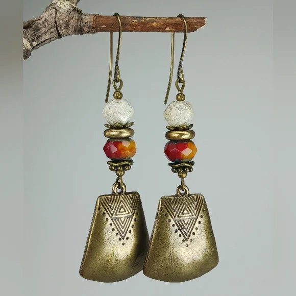 HAND CRAFTED Beaded Tribal Brass Dangle Earrings Red Orange Boho Rustic - Picture 2 of 6